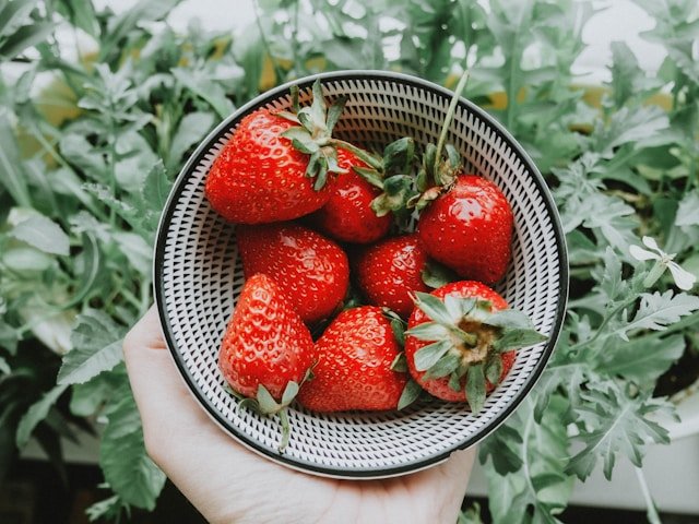 Hand Holding Strawberries in a Bowl